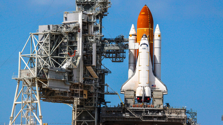 Space shuttle preparing to lift off