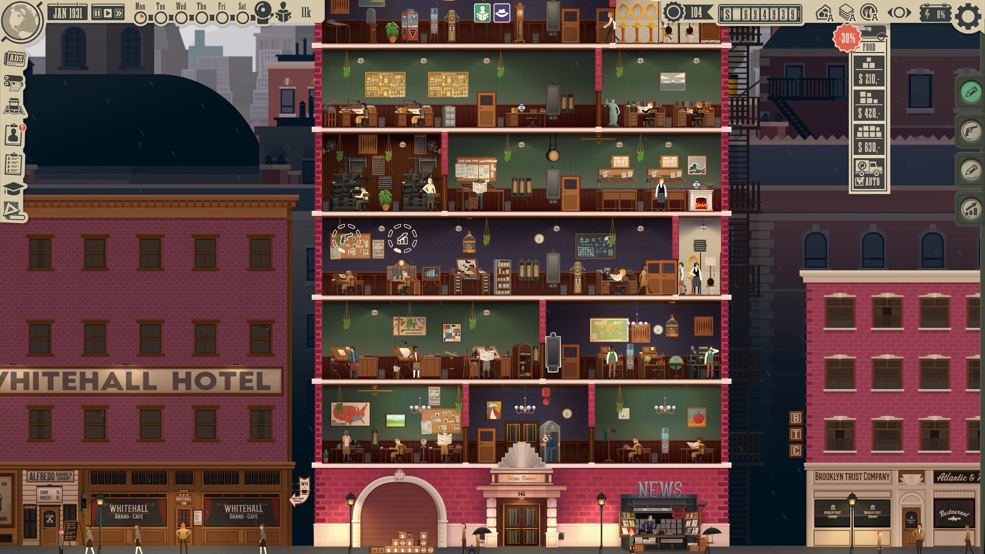 Screenshot from News Tower featuring a cross section of a very fancy multi-story building with people inside doing various news releated tasks