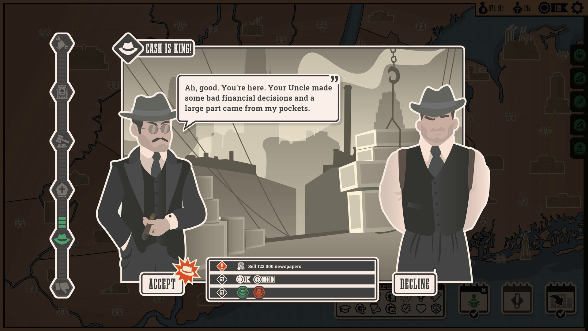 Screenshot from News Tower featuring two mobsters offering the player cash for favors.