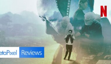 A digital collage shows a man with a camera, elderly people reviewing materials, a misty landscape, and the Netflix logo. The "PetaPixel Reviews" logo is at the bottom left. The overall tone is blue-green with layered images.