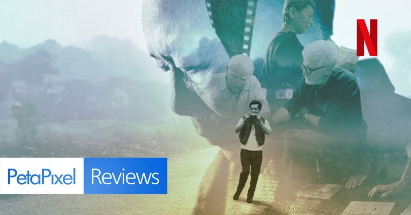A digital collage shows a man with a camera, elderly people reviewing materials, a misty landscape, and the Netflix logo. The "PetaPixel Reviews" logo is at the bottom left. The overall tone is blue-green with layered images.