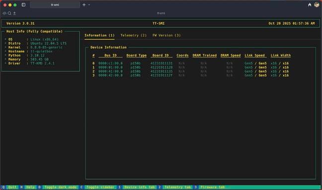 Tesntorrent's system management interface tt-smi was quite sure what to make of our single chip Blackhole accelerators Tesntorrent's system management interface tt-smi was quite sure what to make of our single chip Blackhole accelerators