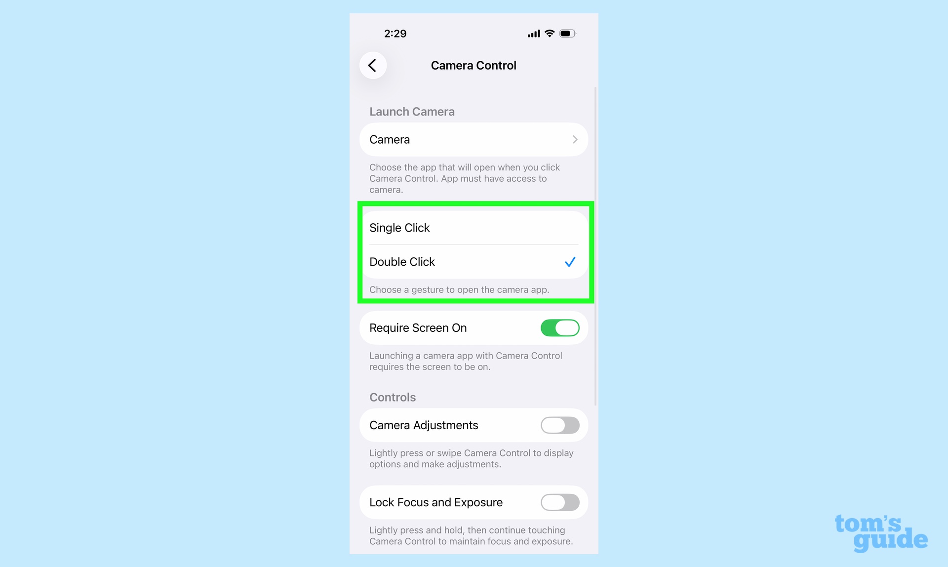Use Double Click to launch camera control