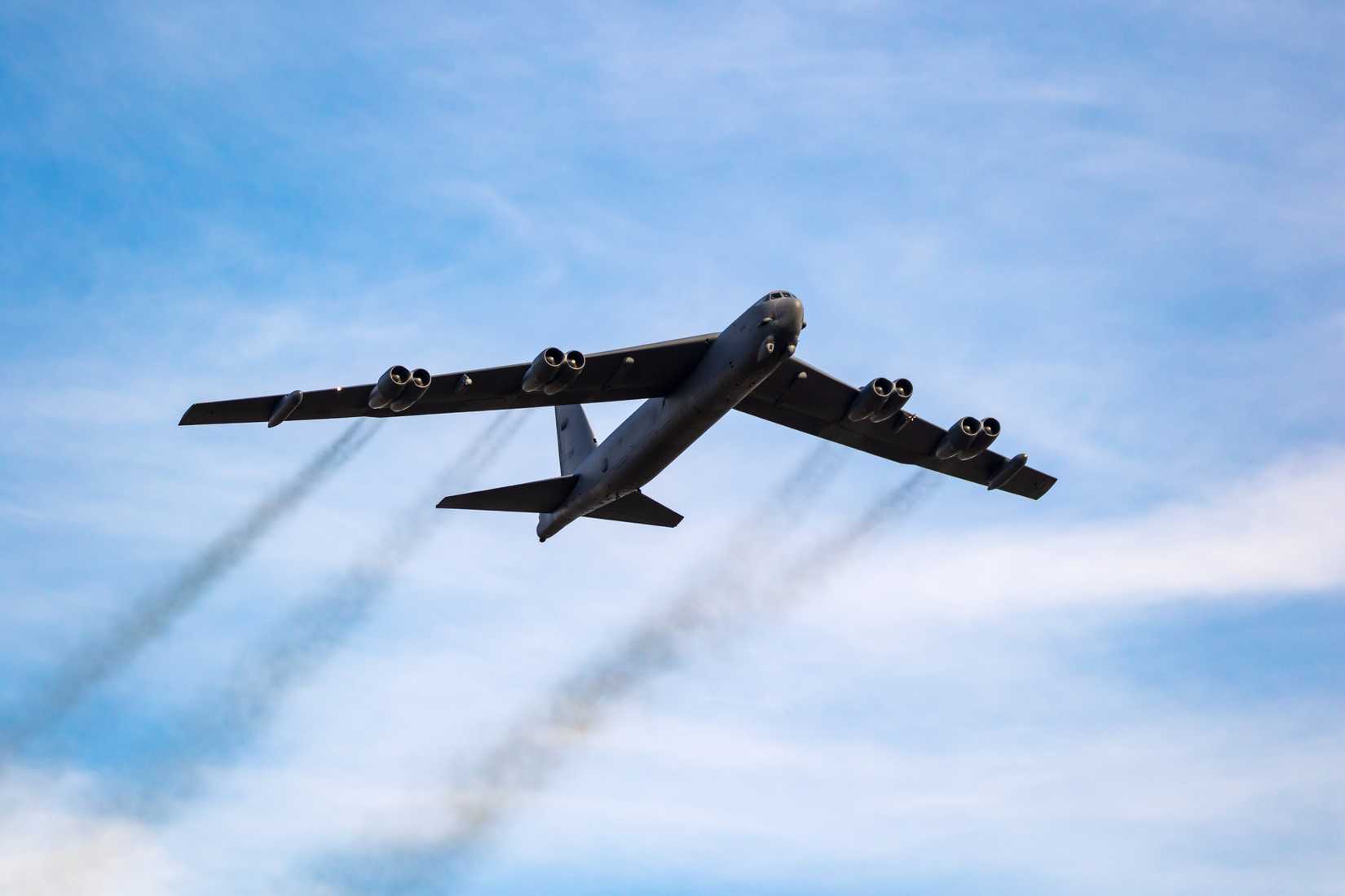 US Air Force Boeing B-52H Stratofortress bomber plane from Barksdale AFB in flight. Sanicole, Belgium.