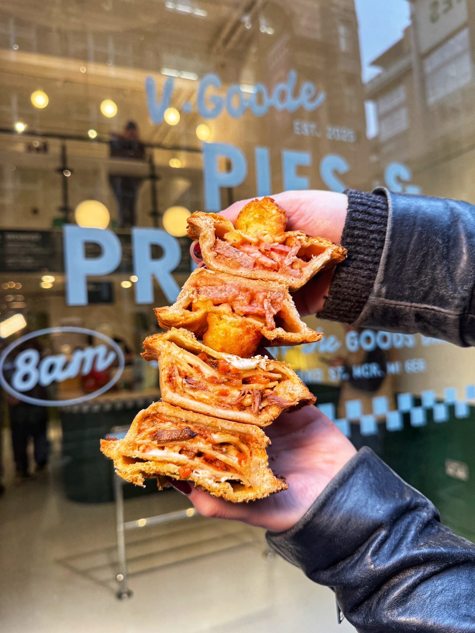 Inside the breakfast pie and the lasagne pie at V.Goode Pies