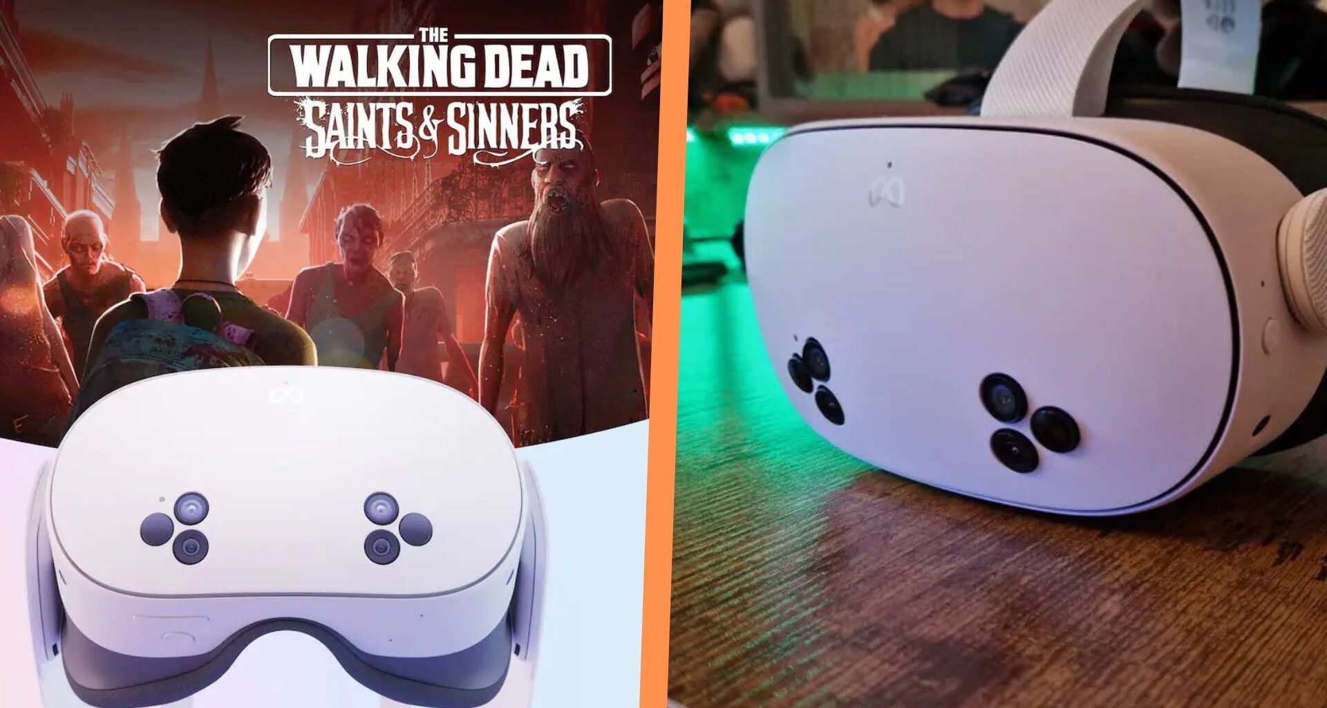 A Meta Quest 3S review image side by side with a Walking Dead Saints and Sinners bundle image