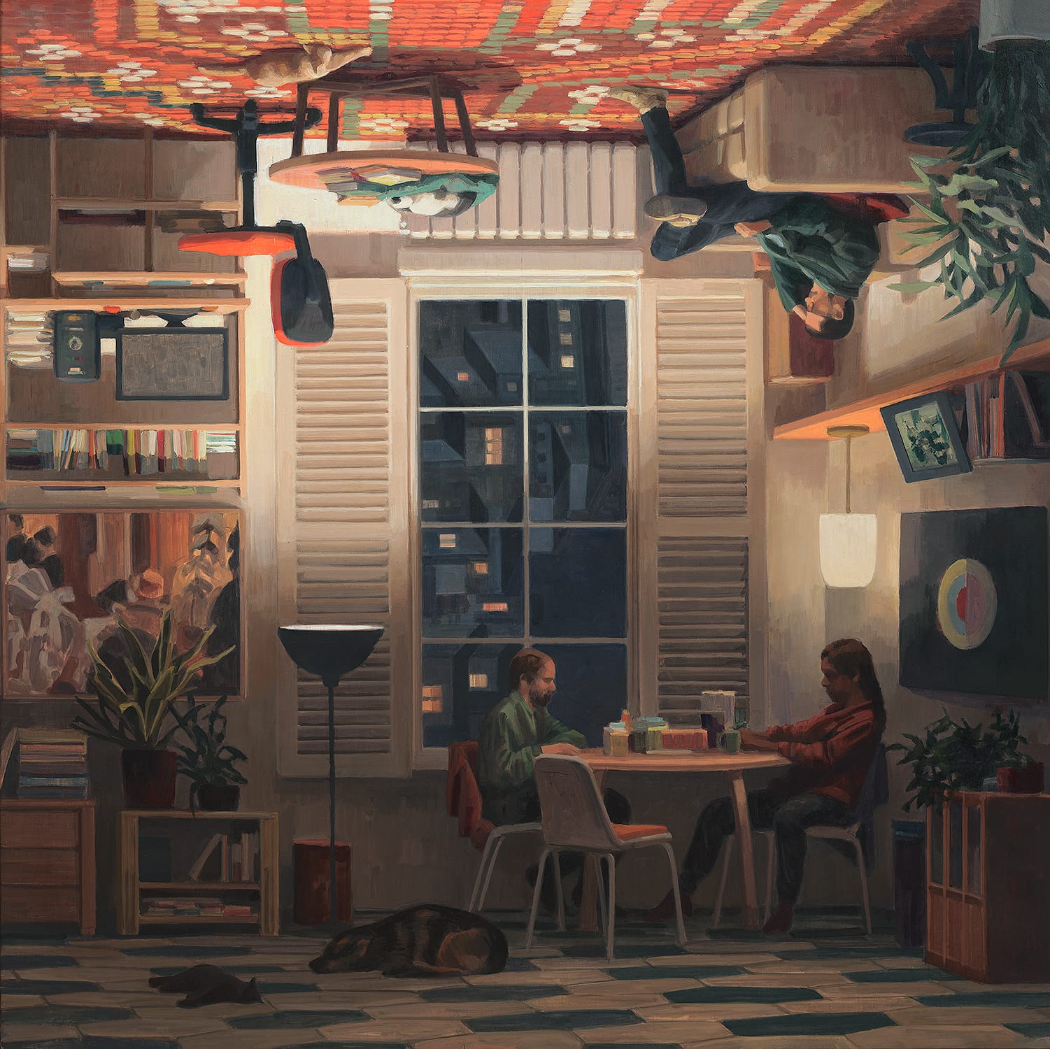 a surreal painting by Cinta Vidal of the interior of a home, centered around a window at night, in which furnishings and scenes take place both on the floor and upside-down on the ceiling
