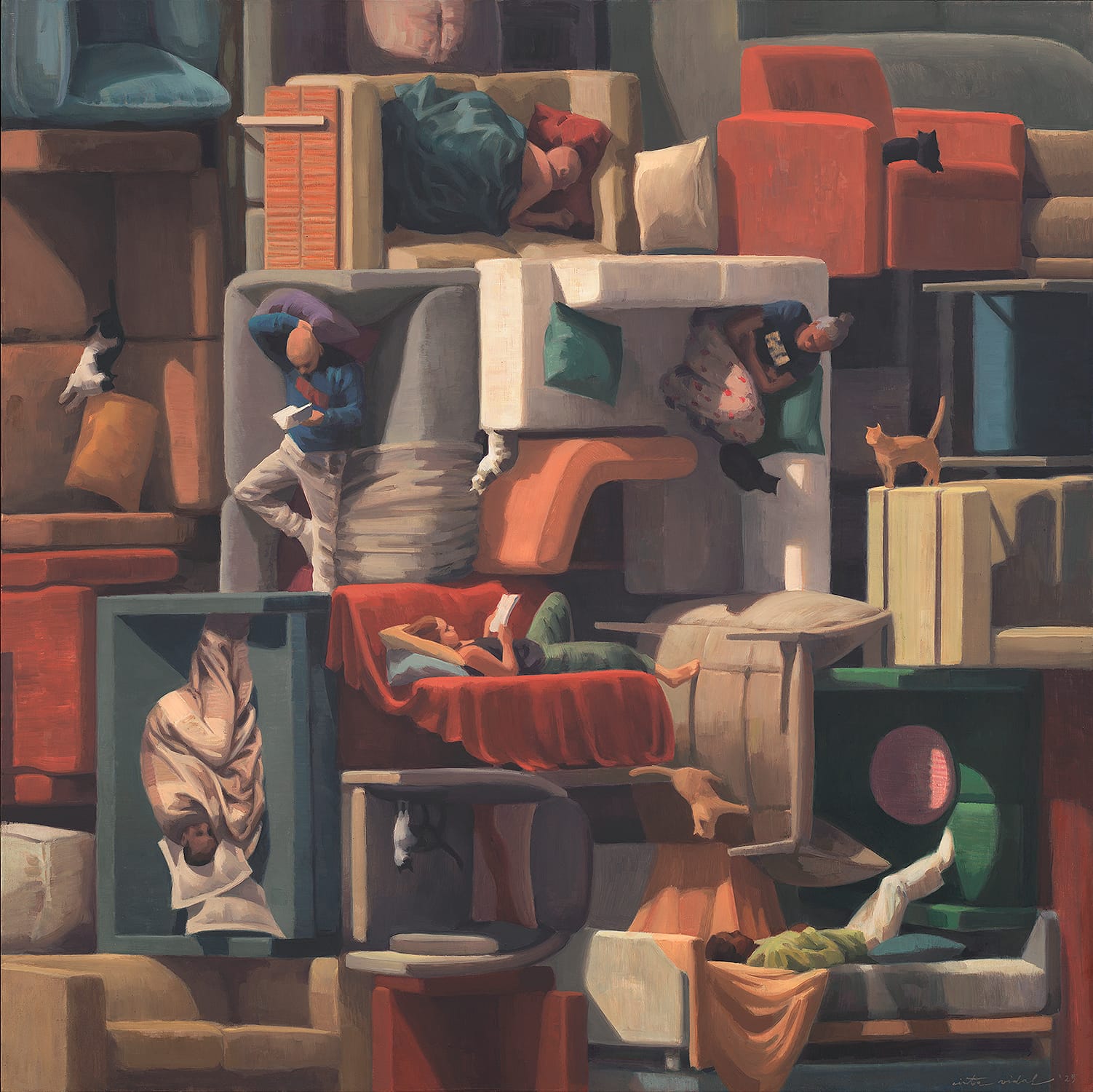 a surreal painting by Cinta Vidal of people laying on couches and chairs that are all next to each other at different angles and perspectives