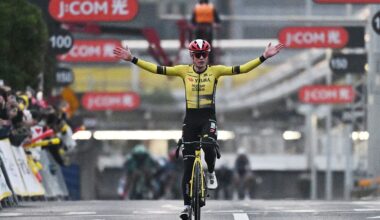 Team Visma-Lease a Bike rider Jonas Vingegaard of Denmark celebrates as he crosses the line to win the Tour de France Saitama Criterium cycling race in Saitama on November 9, 2025. (Photo by GREG BAKER / AFP) (Photo by GREG BAKER/AFP via Getty Images)