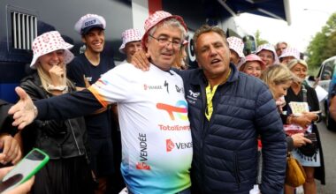 SAINT-QUENTIN-EN-YVELINES, FRANCE - JULY 23: (L-R) Marc Madiot of France general team manager Team Groupama-FDJ and Jean-René Bernaudeau of France general team manager of Team TotalEnergies prior to the stage twenty-one of the 110th Tour de France 2023 / #UCIWT / on July 23, 2023 in Saint-Quentin-en-Yvelines, France. (Photo by Michael Steele/Getty Images)