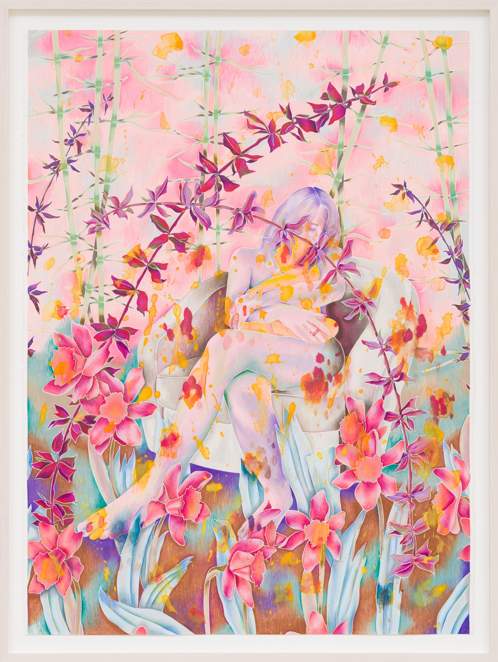 a colorful floral painting by Sarah Ann Weber with faint figurative details