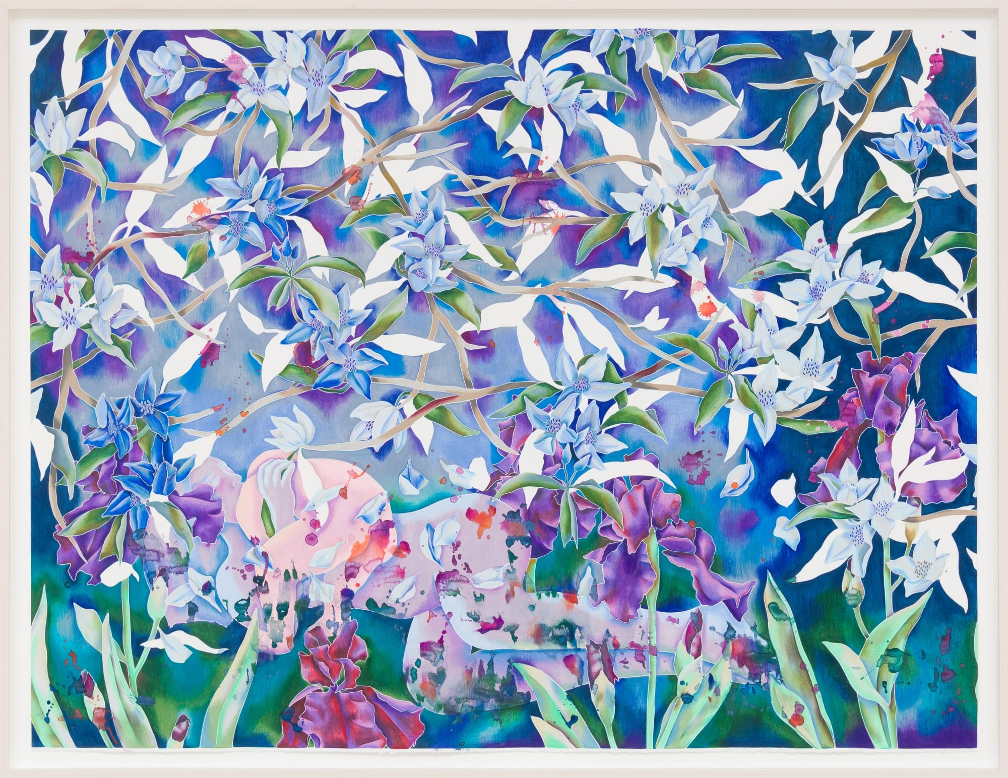 a colorful floral painting by Sarah Ann Weber with faint figurative details