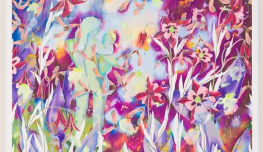 a colorful floral painting by Sarah Ann Weber with faint figurative details