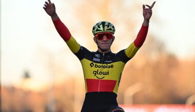 Belgian Thibau Nys celebrates as he crosses the finish line to win alone the men elite race at the World Cup cyclocross cycling event in Tabor, Czech Republic, stage 1 (out of 12) of the UCI World Cup cyclocross competition, Sunday 23 November 2025.BELGA PHOTO DAVID PINTENS (Photo by DAVID PINTENS / BELGA MAG / Belga via AFP)