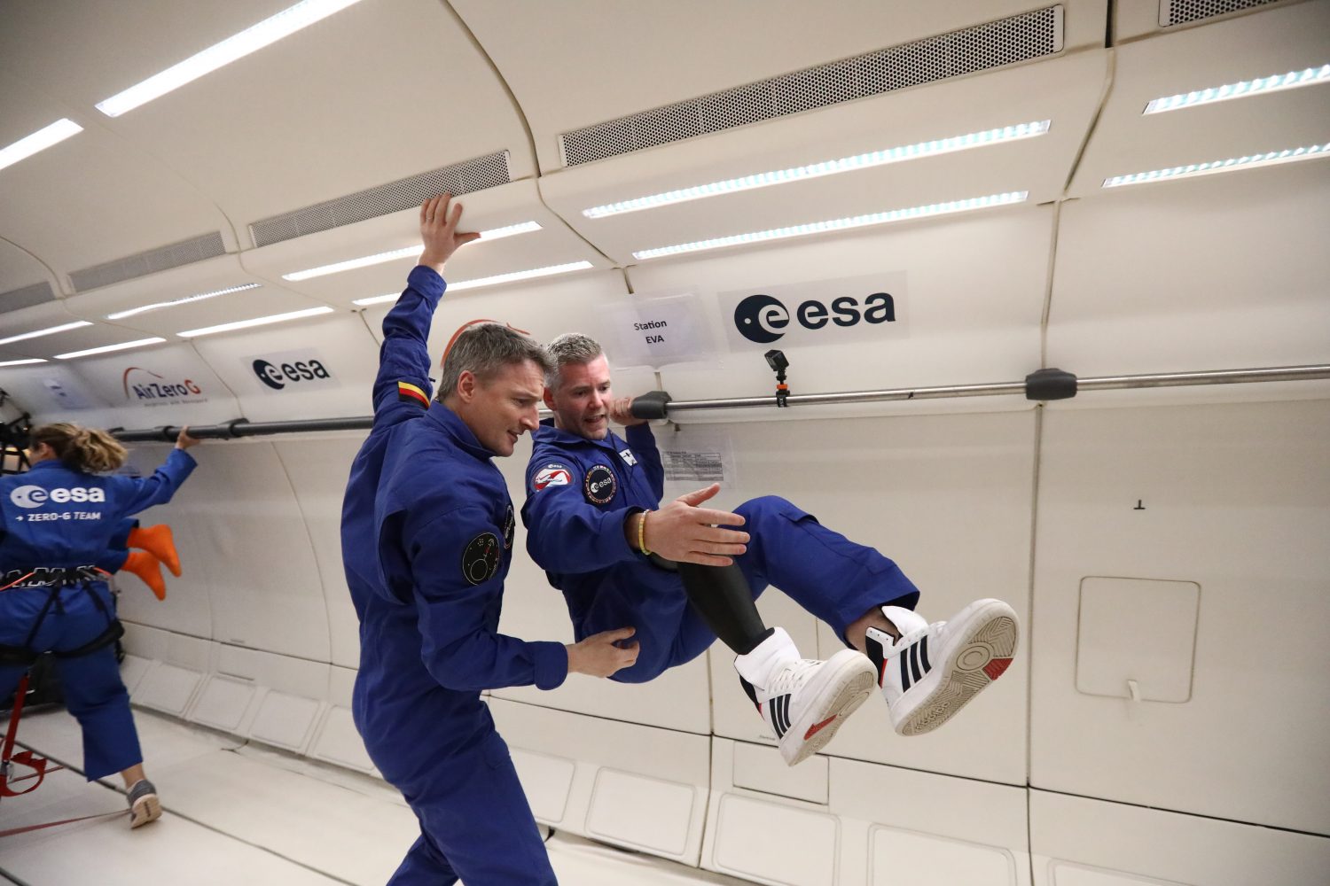 ESA astronaut John McFall in a zero-gravity environment.