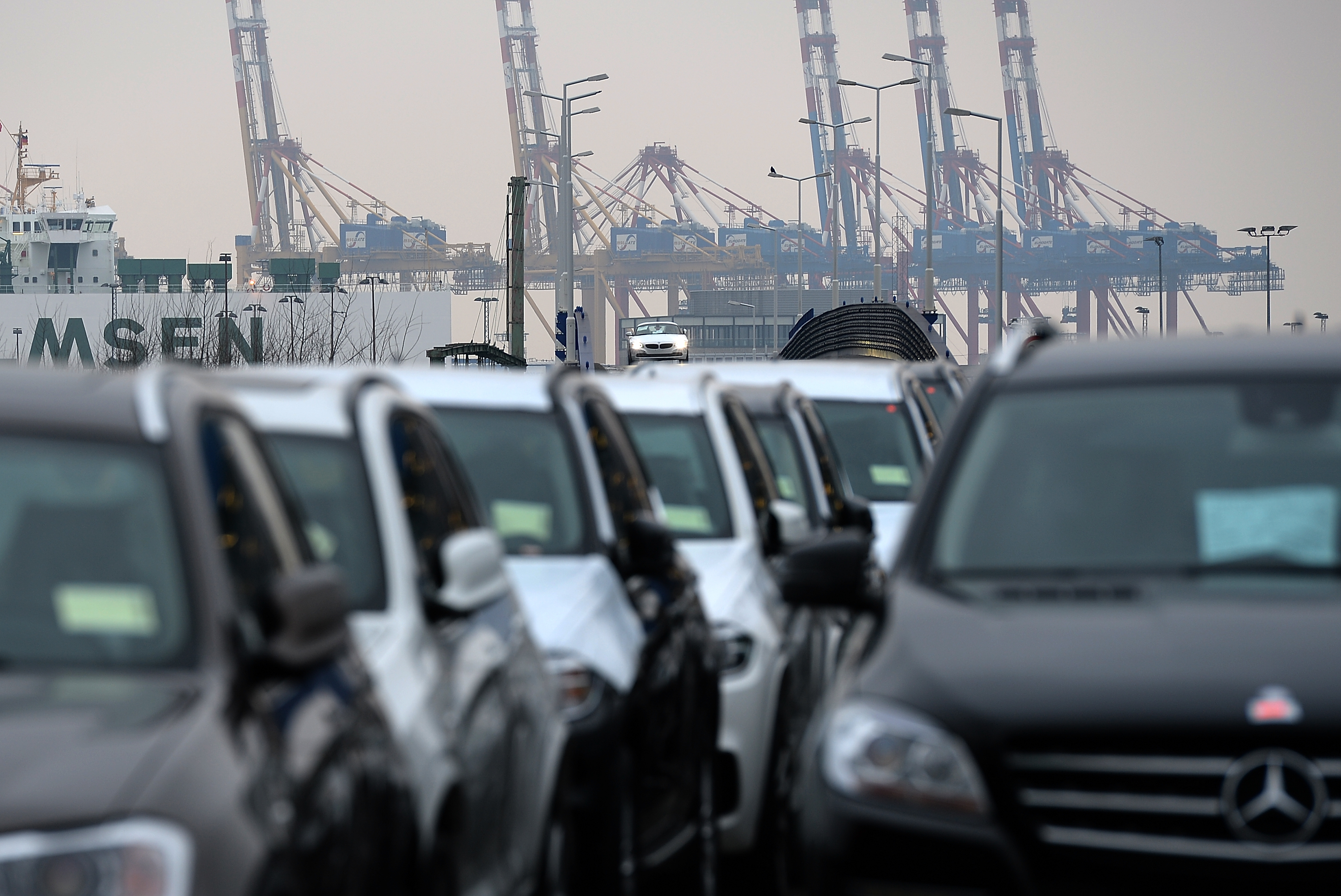 Mercedes and BMW cars destined for export overseas in Bremerhaven, Germany