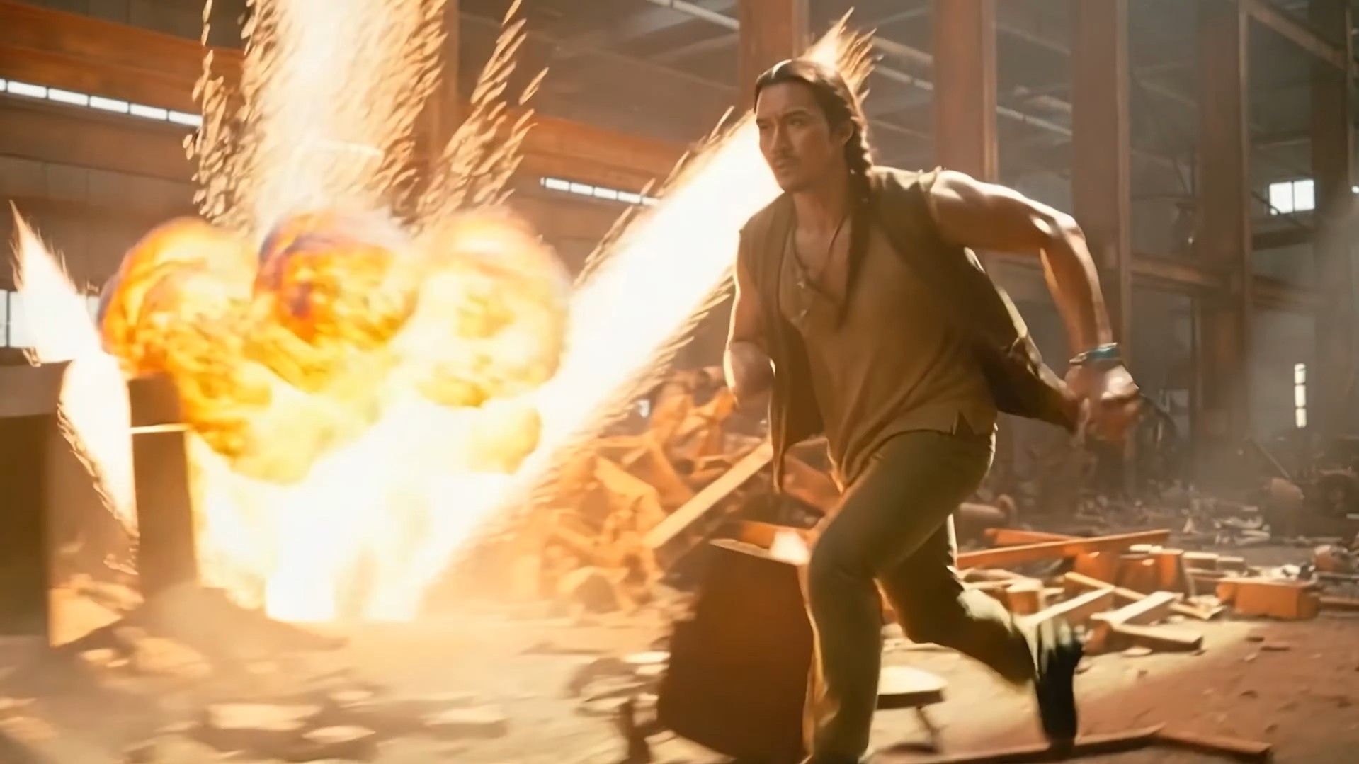 AI-generated character running from explosions.