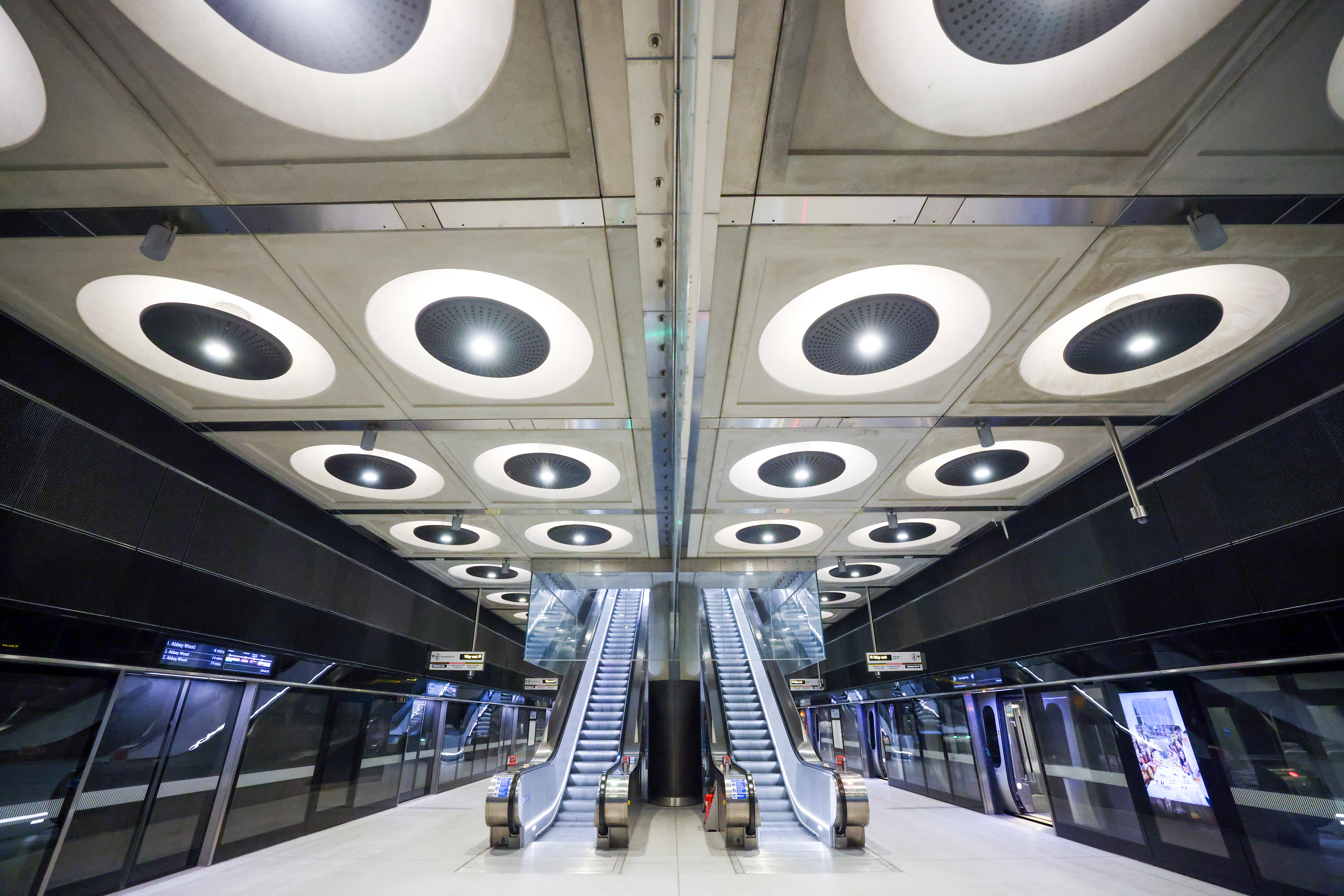 Escalators on the platform at Paddington station during trial operations on the Elizabeth Line train service in London.