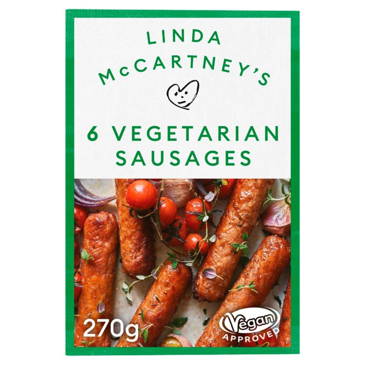 Product packaging for Linda McCartney's 6 Vegetarian Sausages, 270g, with "Vegan Approved" label.