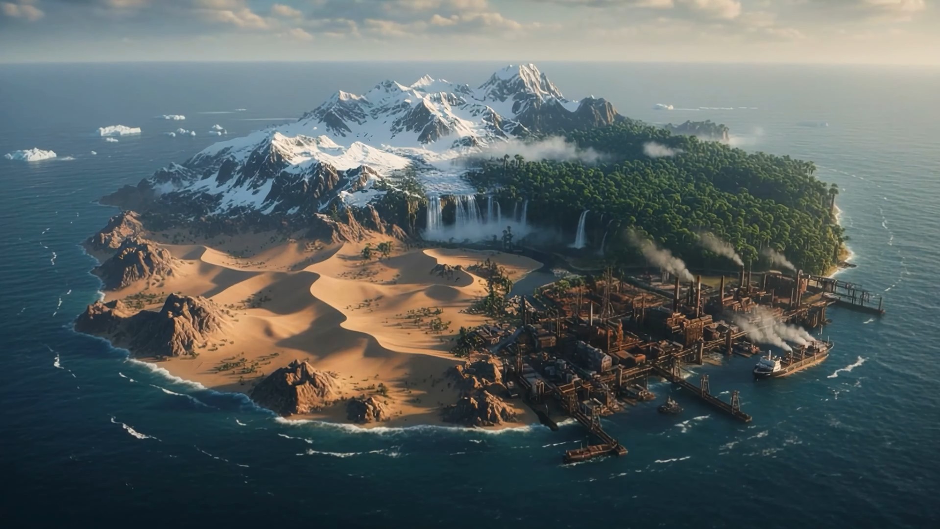 Illustration of a diverse island with snow-capped mountains, a forest with waterfalls, a desert, and an industrial port.