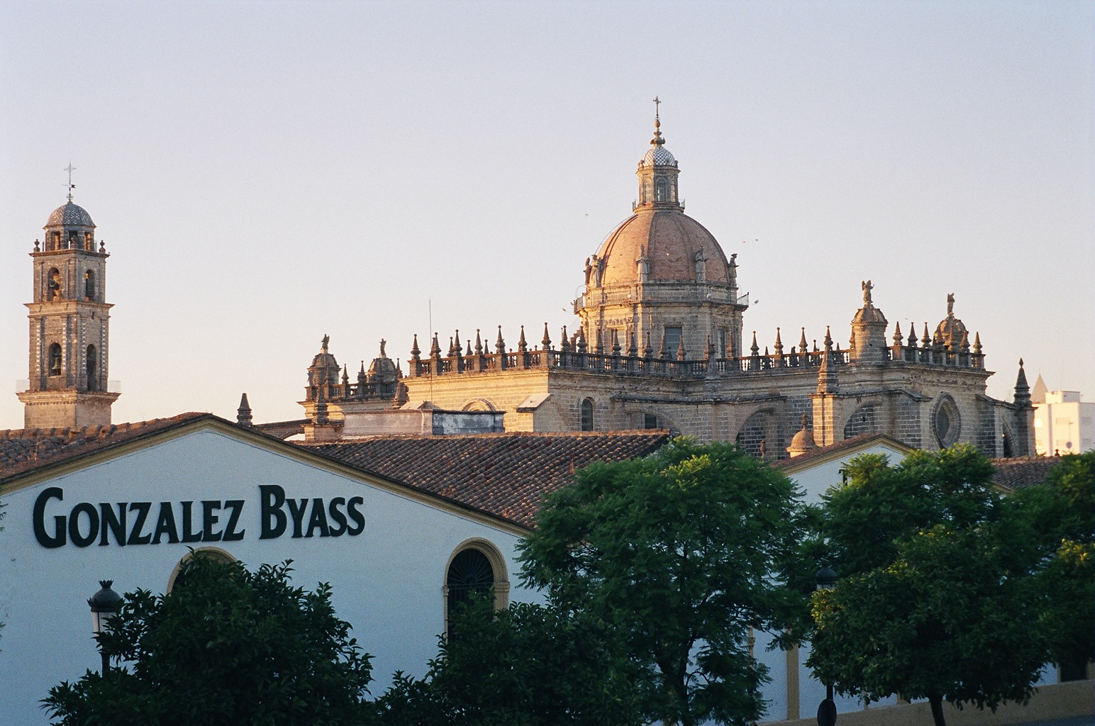Gonzalez Byass winery with the Cathedral in the background in Spain.