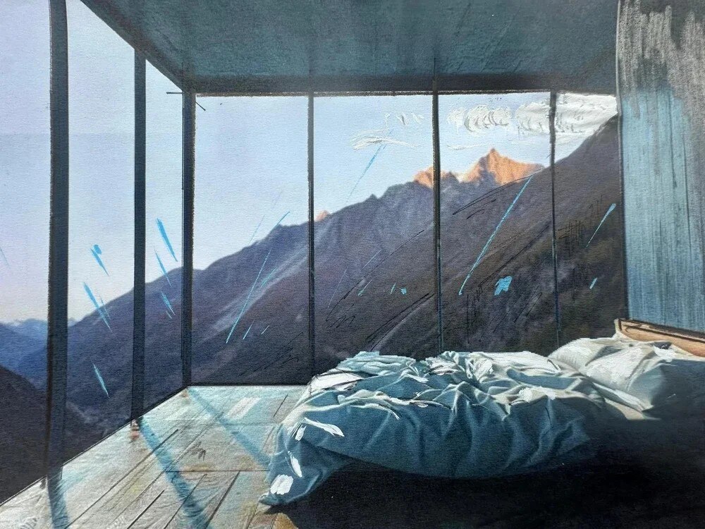 Illustration of a bedroom in a glass-walled building overlooking mountains, with a prominent Matterhorn peak in the distance.