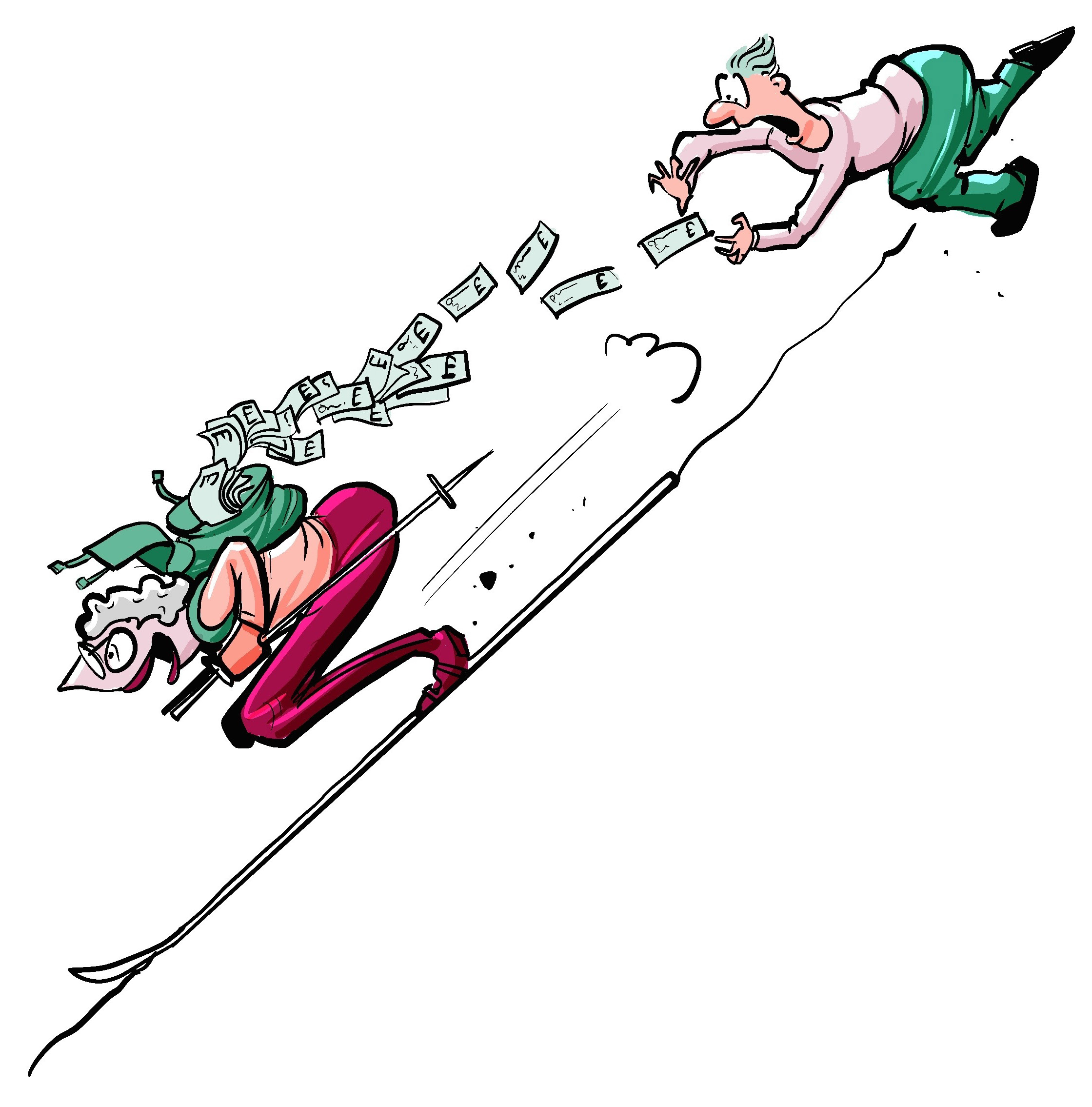 Illustration of a skier leaving a trail of money while a man chases after it.