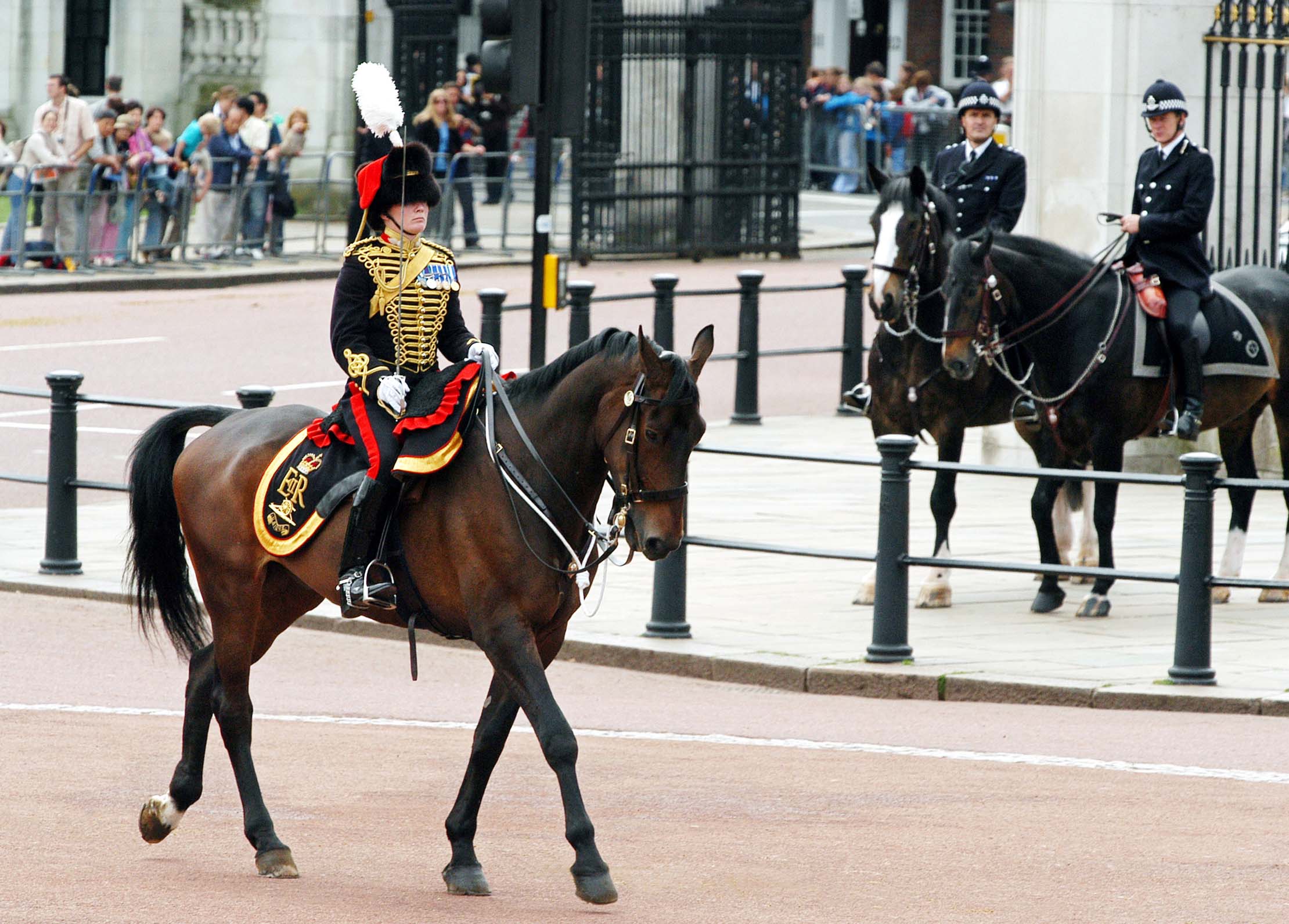 Major Erica Bridge in full military uniform on horseback during the Trooping of the Colour.