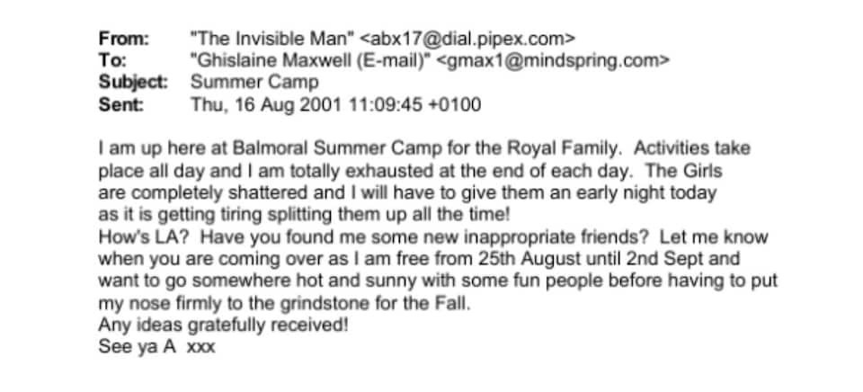 Screenshot of an email from "The Invisible Man" to Ghislaine Maxwell with the subject "Summer Camp."