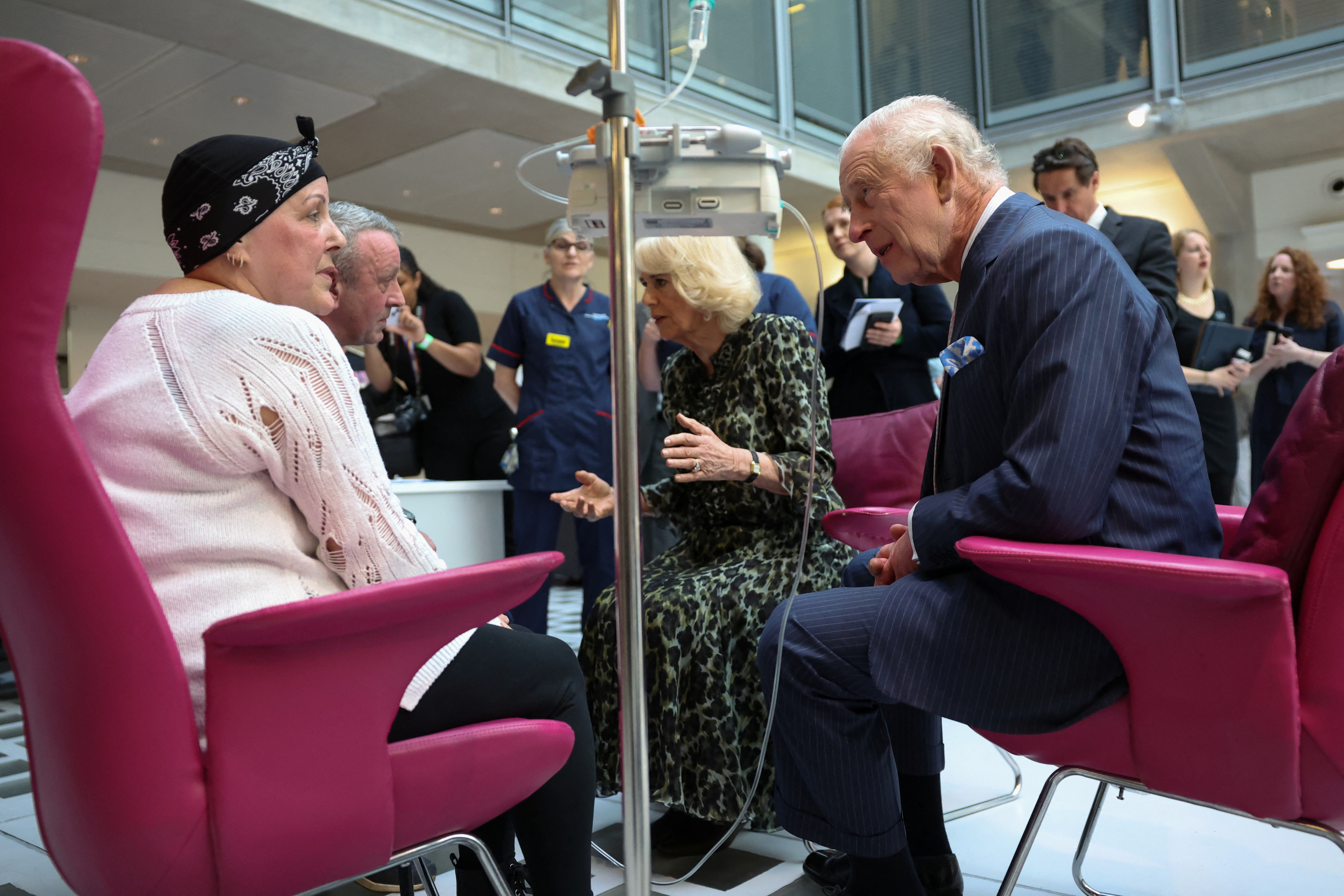 King Charles III and Queen Camilla visiting Lesley Woodbridge and her husband Roger Woodbridge at University College Hospital Macmillan Cancer Centre.