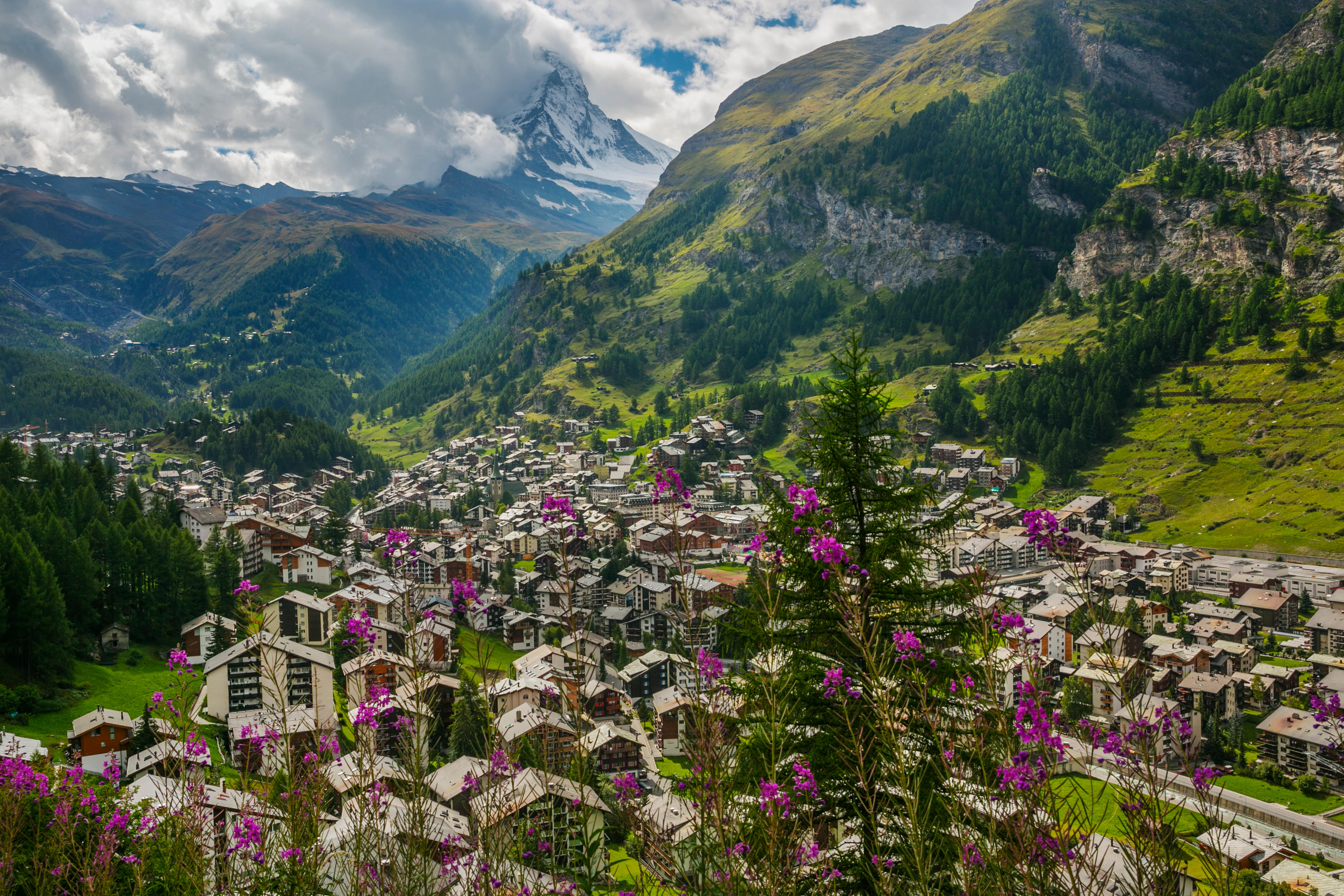 View of Zermatt in the Swiss Alps, with the Matterhorn peak in the background.