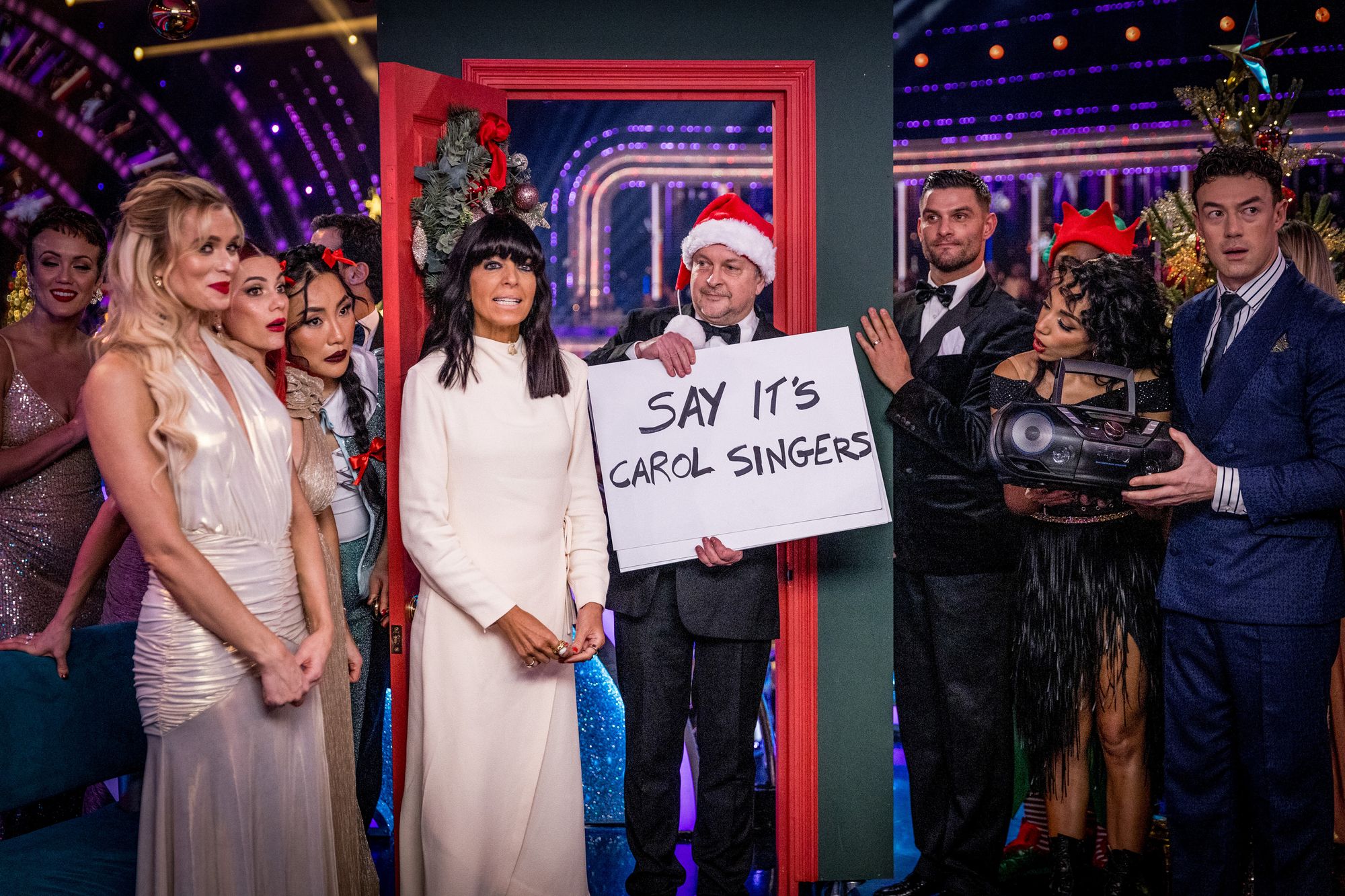 Claudia Winkleman takes part in a ‘Love Actually’ parody on the Strictly Christmas special