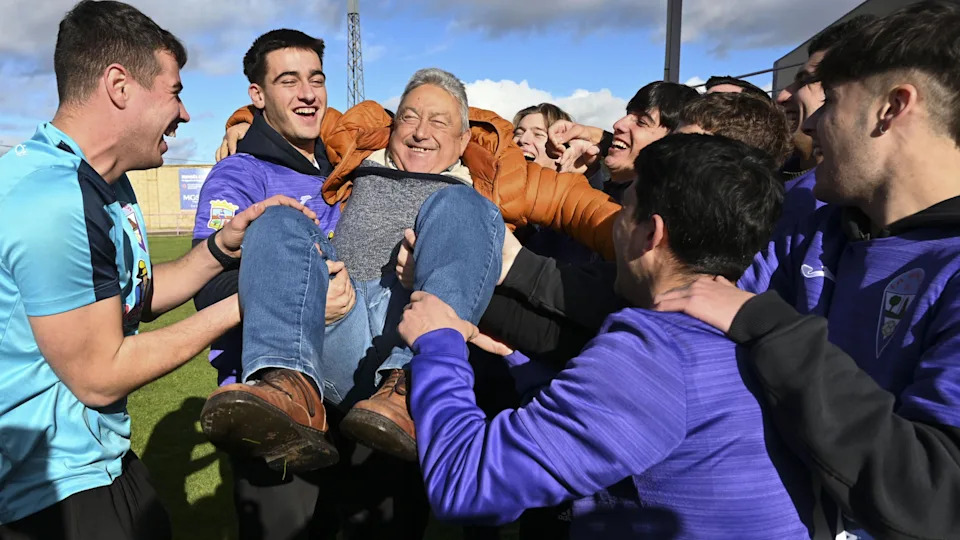 Members of La Baneza Football Club team celebrate winning the first prize of El Gordo Lottery, 79,432, in the town of La Baneza, Leon province, Spain, 22 December 2025.