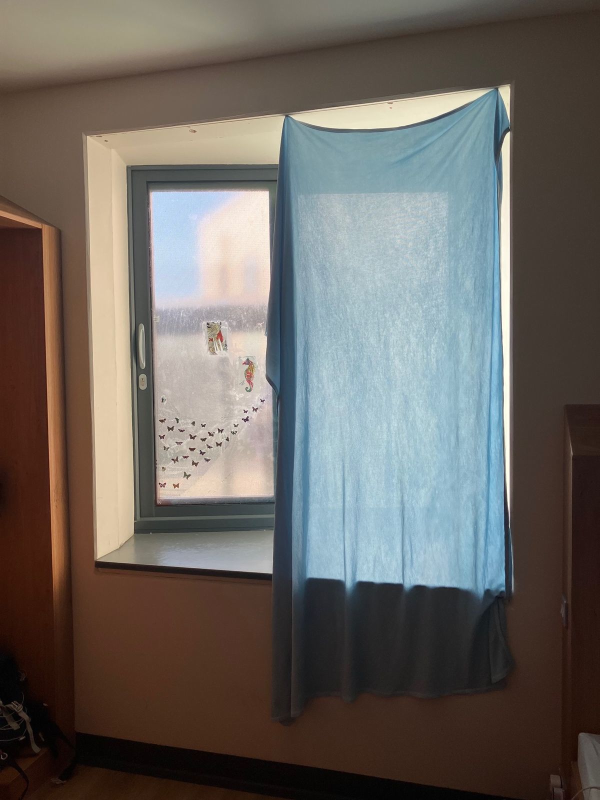 Makeshift curtain in Dean Upson's room at Hafan y Coed
