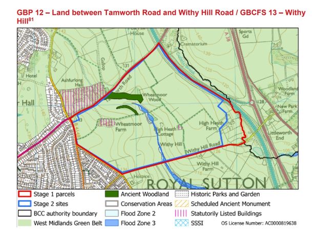 An area labelled Withy Hill, between Withy Hill Road and Tamworth Road in Sutton Coldfield could have 2,000 homes built on it if developers were given the go ahead 