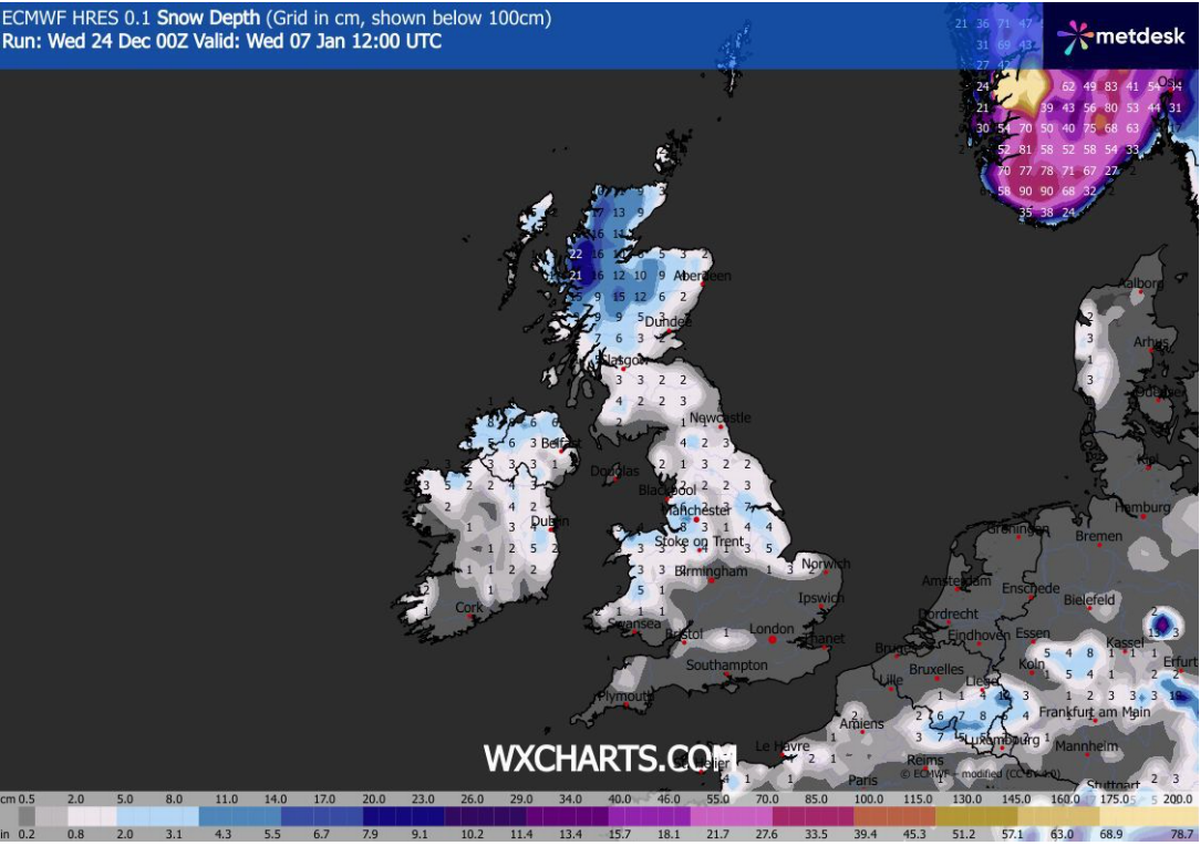 The latest forecast from WXCharts shows blizzards are set to hit the UK in January