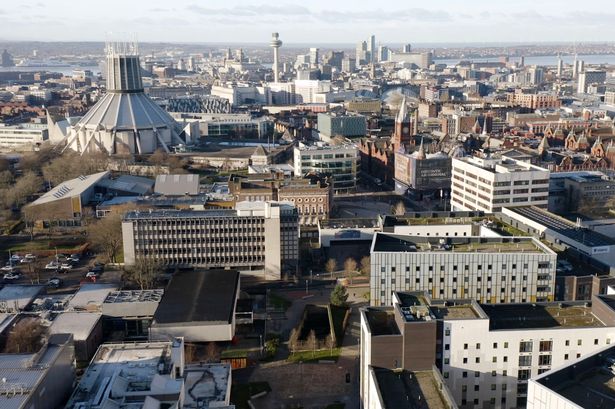 An aerial view of the Knowledge Quarter in Liverpool, looking over the University of Liverpool and the Metropolitan Cathedral towards the city centre