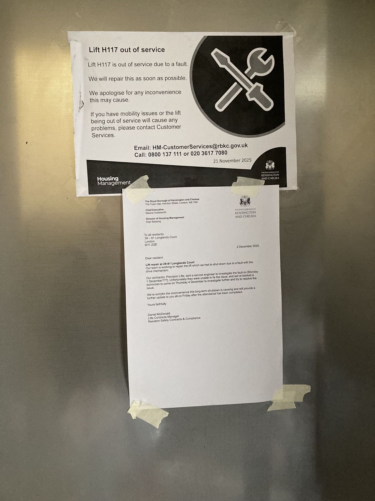 Repairs notice on the lift at Longlands Court in Notting Hill, London, on Friday, December 5, 2025.
