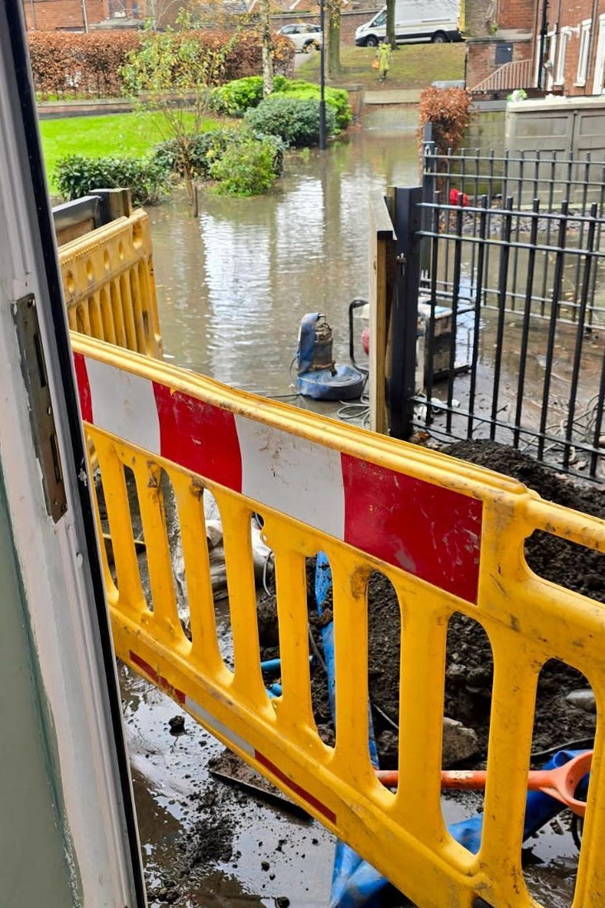 Flooding outside Elm House, Prescot 