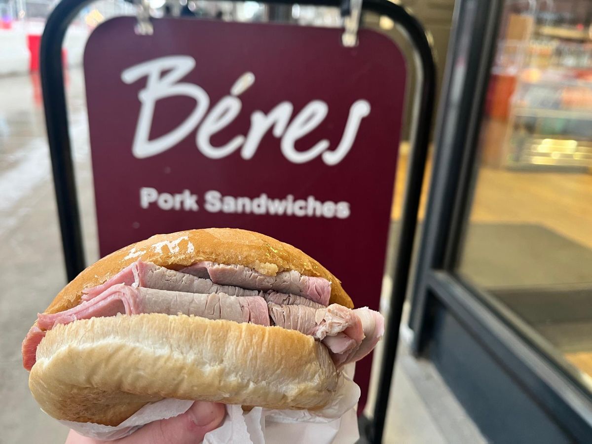 The classic thin slices of pork in a Beres pork sandwich