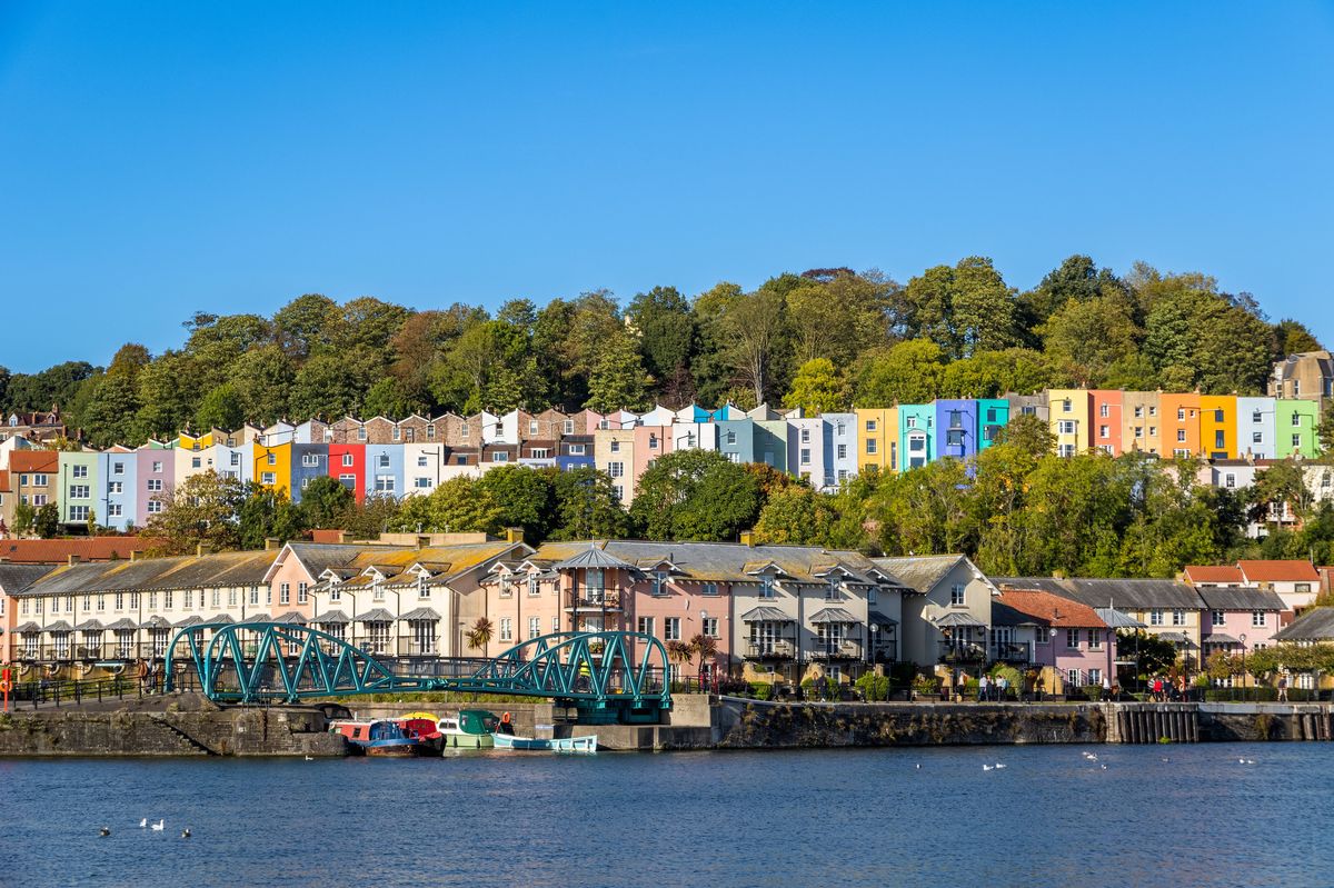 Bristol cityscape, rows of colourful terraced houses in Cliftonwood, Bristol, England , overlooking Bristol Feeder Canal