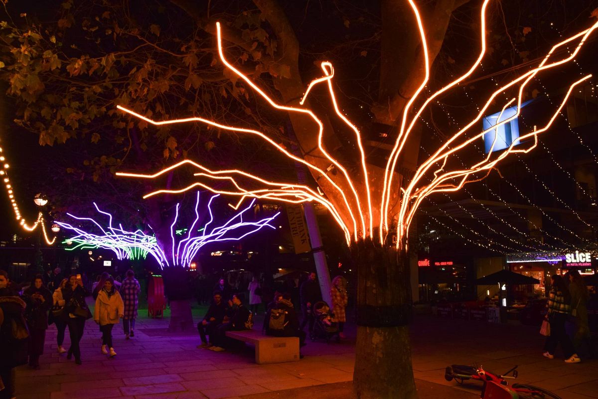 Christmas lights at Southbank, night-time view.