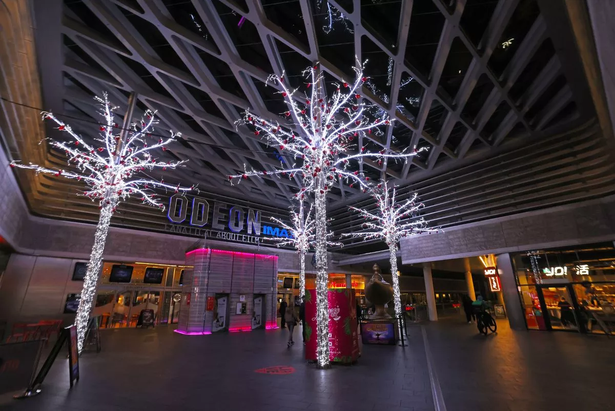 Decorated trees outside the Odeon cinema in Liverpool ONE