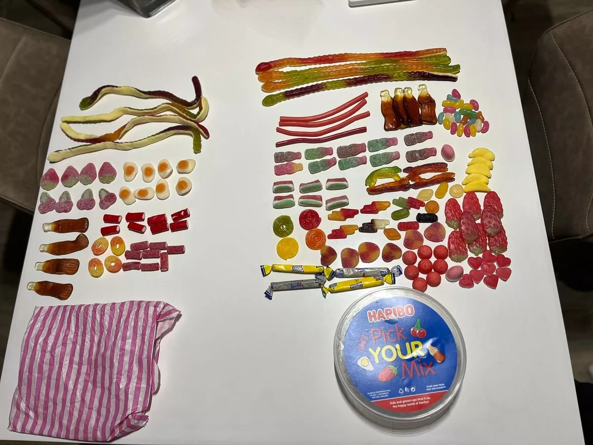 Left, what £17.70 got us at Kingdom of Sweets. Right, the contents of the £9 Haribo tub