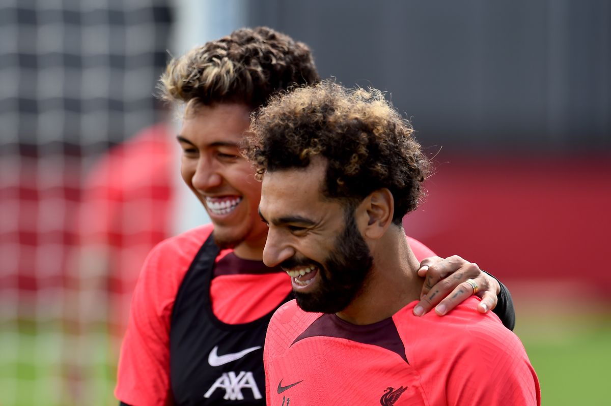 Mohamed Salah and Roberto Firmino of Liverpool during a training session