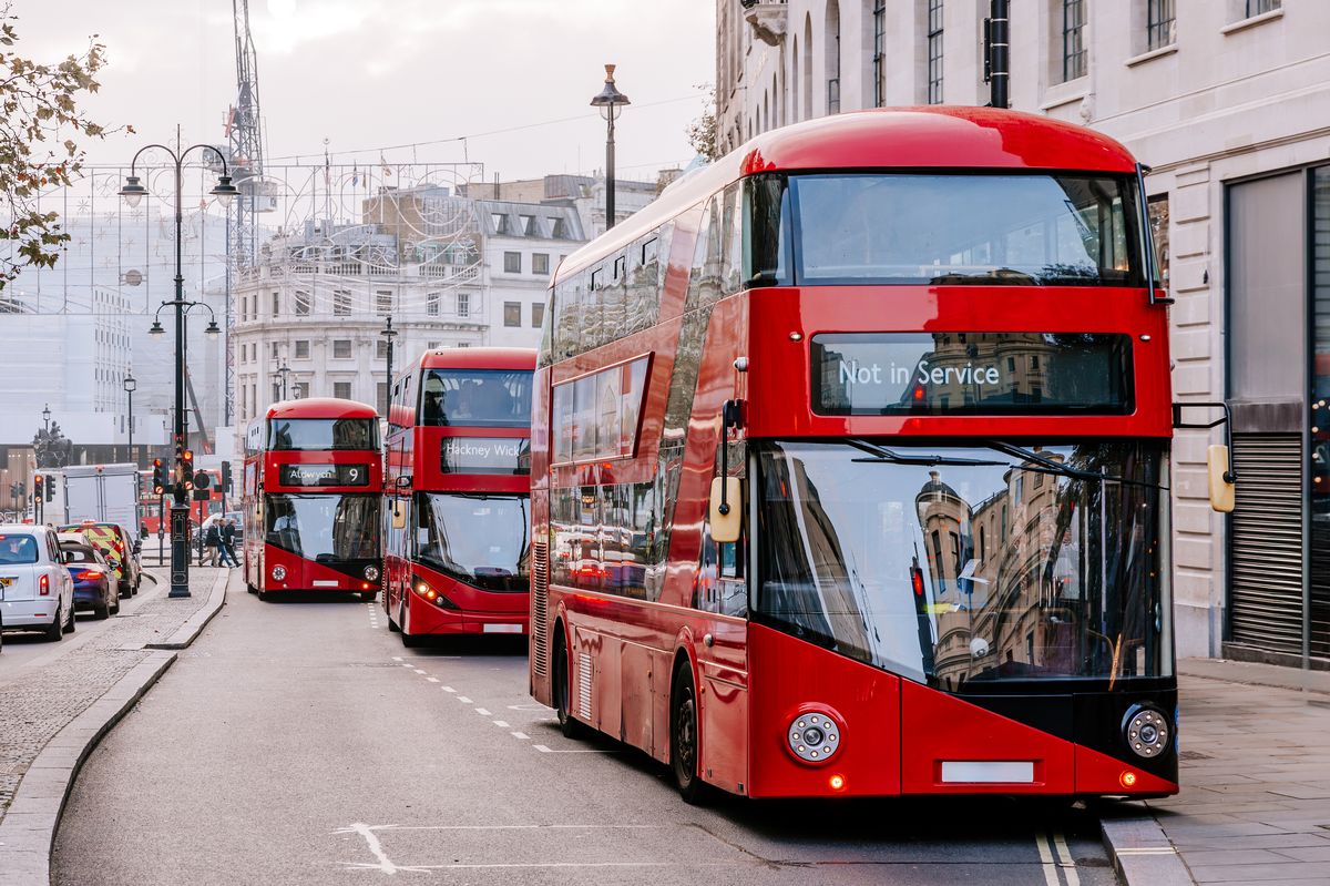 Out of service London buses lined up 