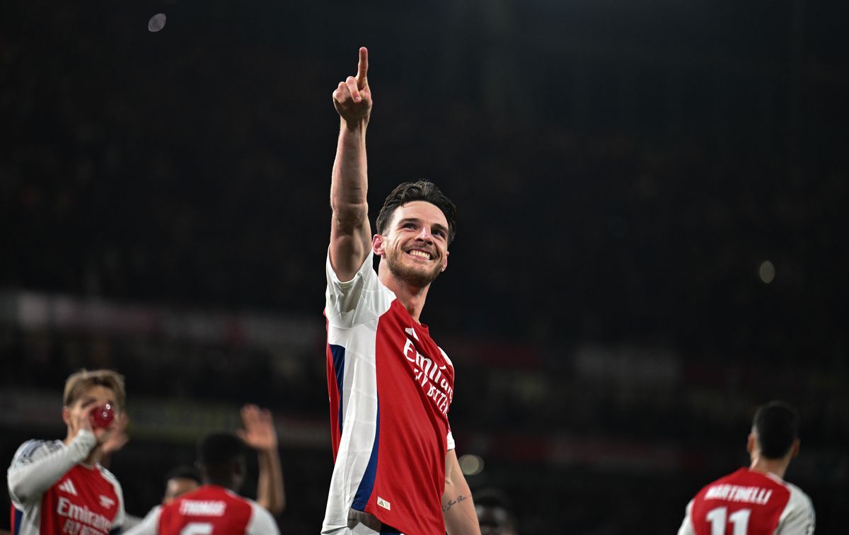Declan Rice of Arsenal celebrates scoring his team's second goal during the UEFA Champions League 2024/25 Quarter Final First Leg match between Arsenal FC and Real Madrid C.F. at Emirates Stadium on April 08, 2025 in London, England. 