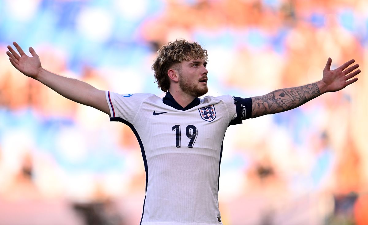 Harvey Elliott of England celebrates scoring his team's second goal during the UEFA European Under-21 Championship 2025 Semi-Final match between England and Netherlands at National Football stadium on June 25, 2025 in Bratislava, Slovakia.