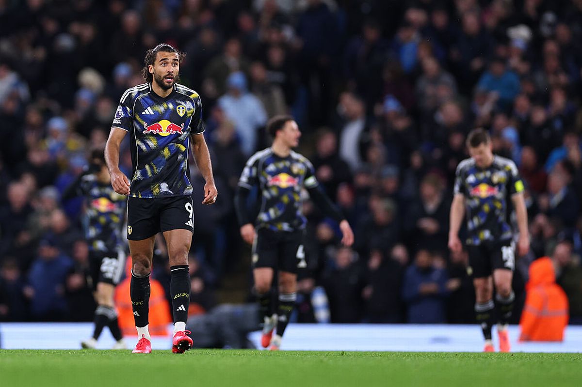 Dominic Calvert-Lewin of Leeds United  during the Premier League match between Manchester City and Leeds United at Etihad Stadium