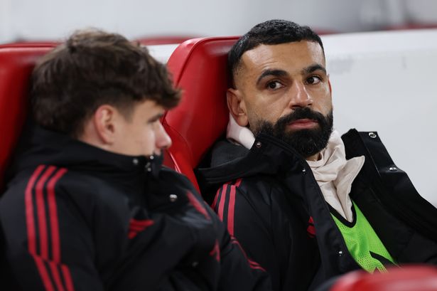 LIVERPOOL, ENGLAND - DECEMBER 03: Mohamed Salah of Liverpool looks on form the bench prior to the Premier League match between Liverpool and Sunderland at Anfield on December 03, 2025 in Liverpool, England. (Photo by Justin Setterfield/Getty Images)
